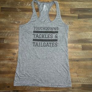 ✅ Gray racer back tank top football quote “touchdowns, tackles & tailgates”